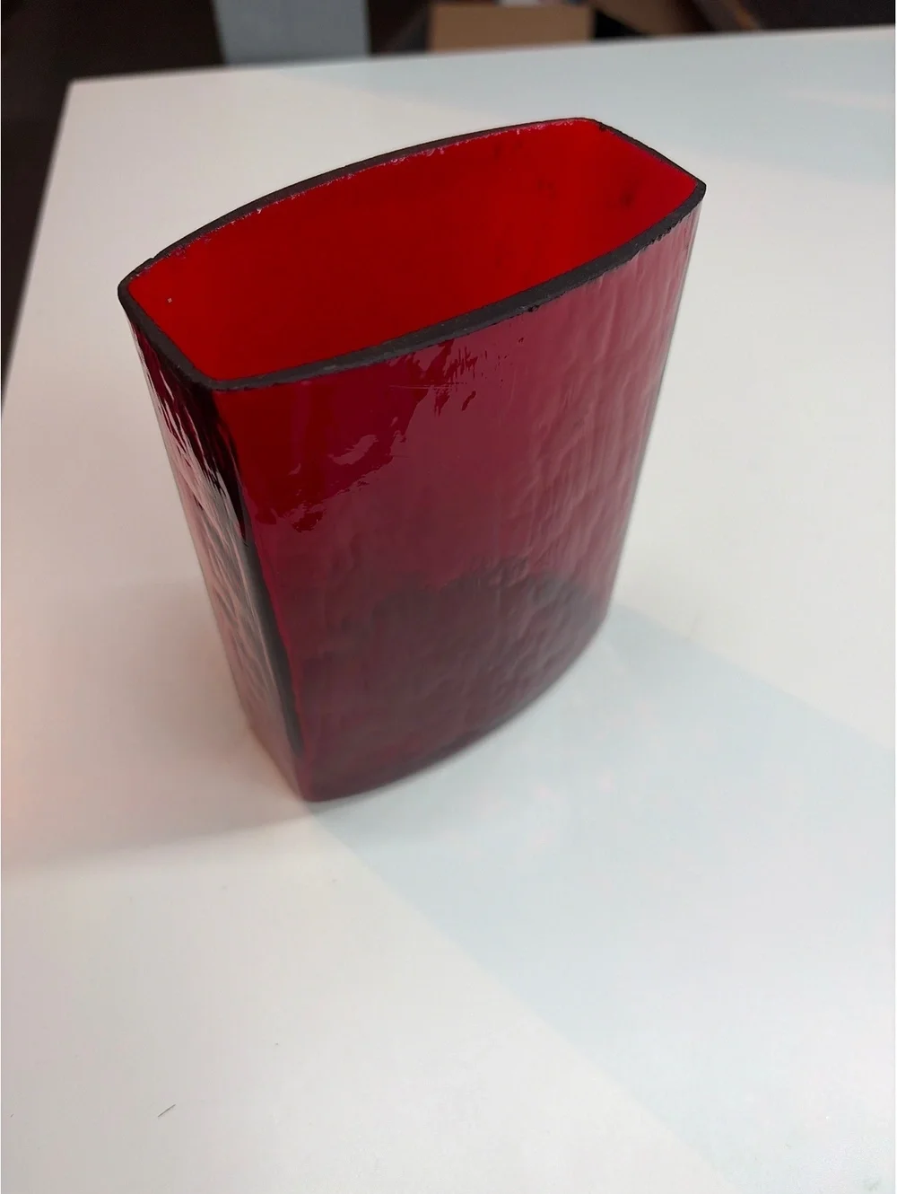 Ruby Red glass Rectangular Textured Vase 5.25”H